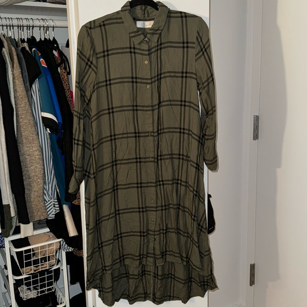 Long green black plaid shirt dress